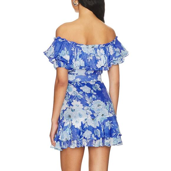 Yumi Kim Blue Floral Off The Shoulder Mini Dress LARGE Ruffle Wedding Guest NEW - Picture 3 of 8